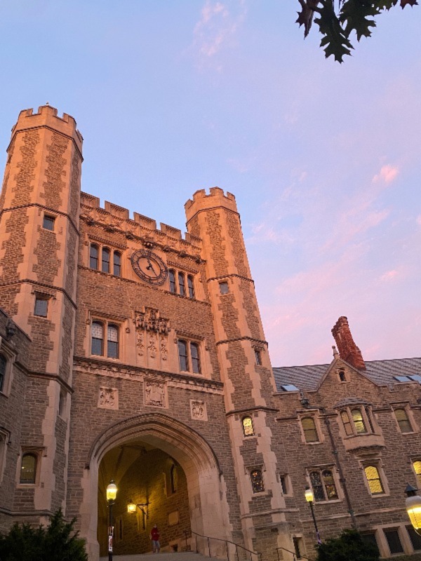 Photo of Blair Arch with a pink and blue sky in the background.