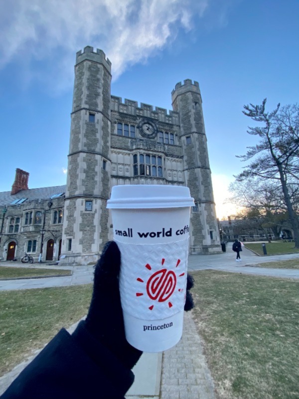 Photo of Small World hot chocolate with Blair Arch in background.