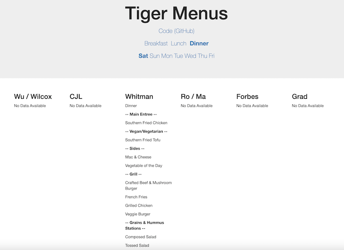 The menu for Whitman College