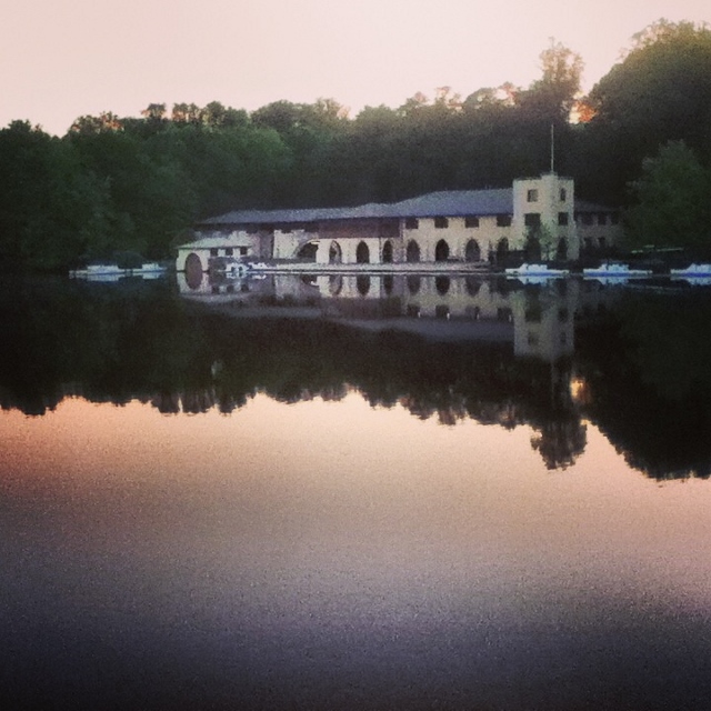 Image of the boathouse at sunset